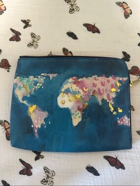 Anthropologie Blue World Map Zip Wallet Pouch with Gold Accents